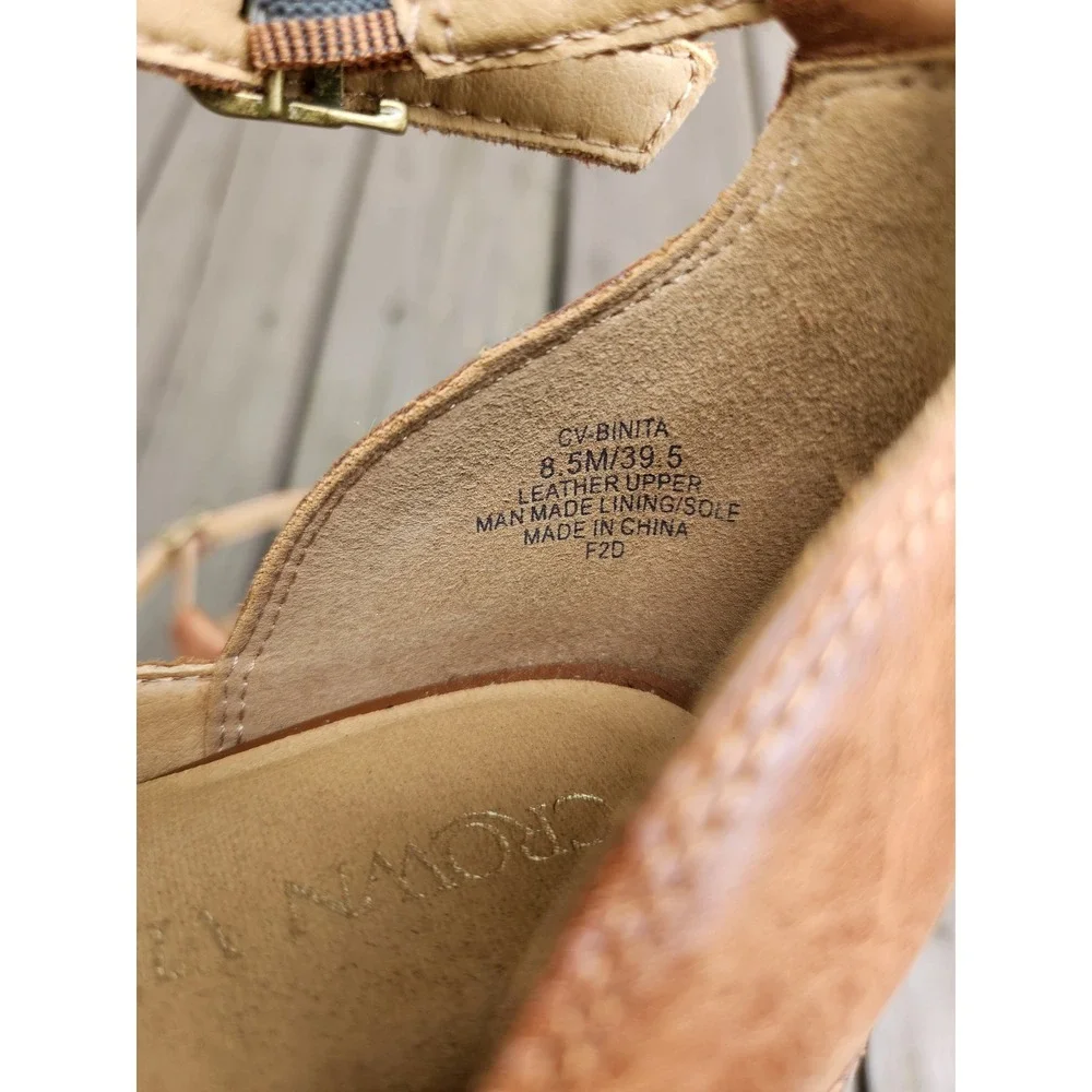 Crown Vintage Binita Caged Block Heel Sandals Tan Leather Square Toe 8.5M